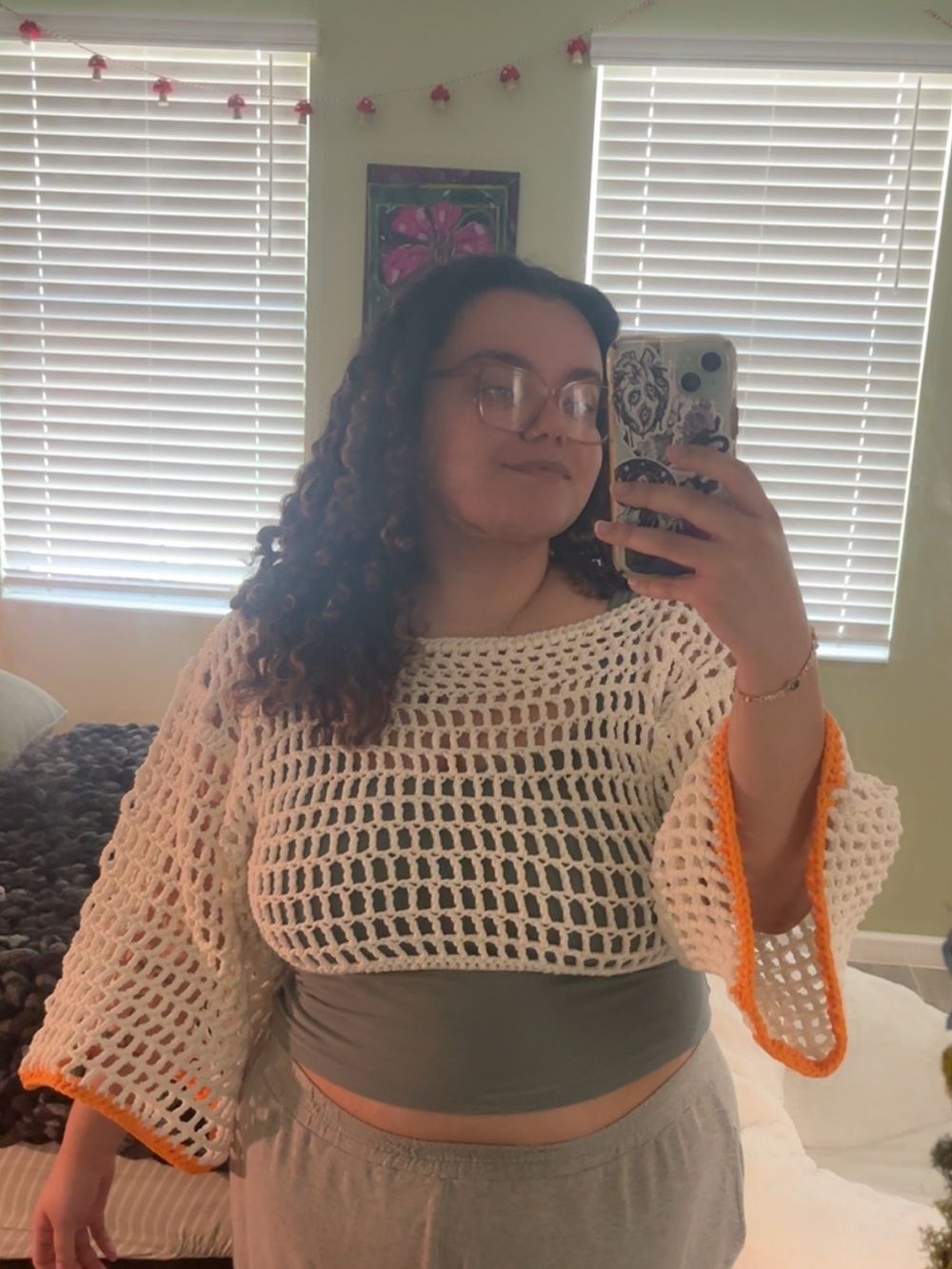 White Crochet Off-Shoulder Crop Top with Orange Trim